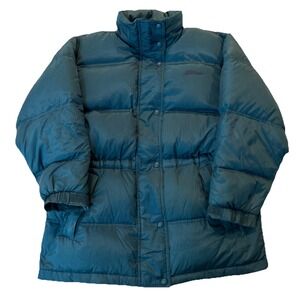 Vintage LLBean Puffer Jacket Women S/M Teal Blue Down Parka Outdoor Cinch